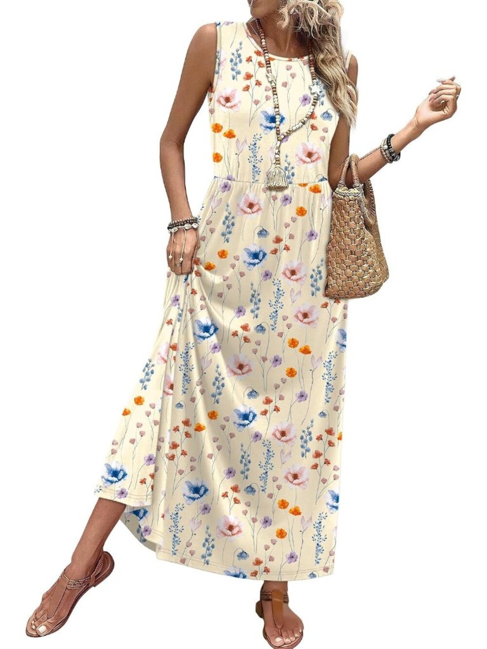 〽️Floral Butter Yellow Flowy Maxi Sundress Women Sleeveless A Line Pocket Fit
